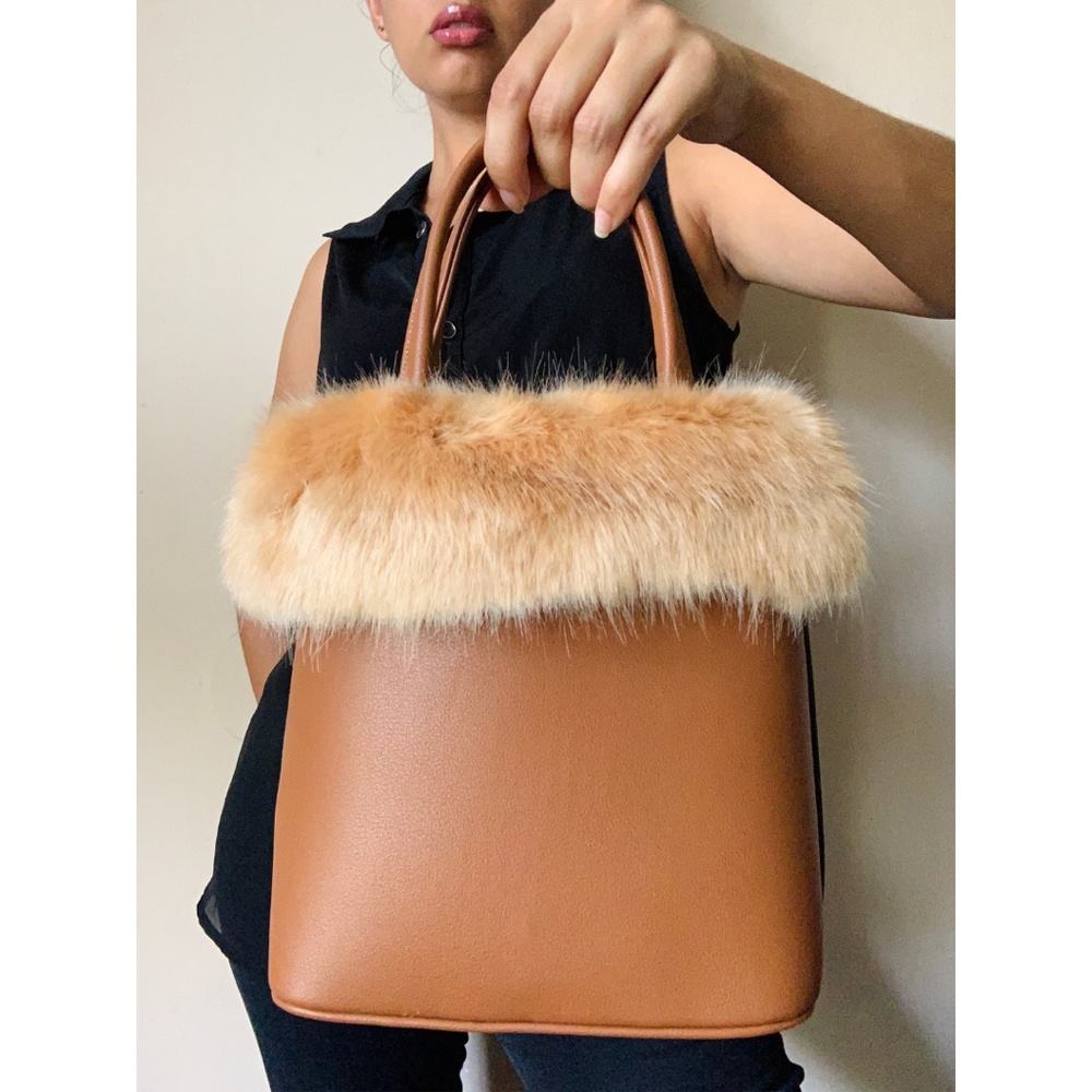 Vegan Leather/ Faux Fur Top Handle Handbag - Cognac Brown